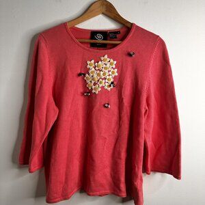 Vintage Michael Simon Sweater Womens XL Daisies Bees Embroidered Pullover 2003
